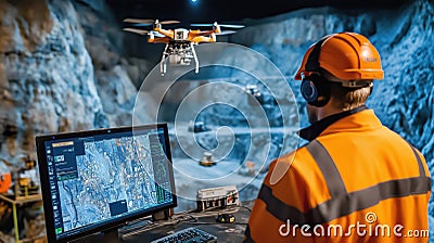 Drone operation in mining site with operator monitoring Stock Photo