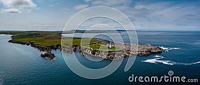 Drone panorama landscape of Broadhaven Bay and the hsitoric Broadhaven Lighthouse on Gubbacashel Point Stock Photo