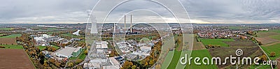 Drone panorama over German city Heilbronn with Neckar river and combined heat and power plant Stock Photo