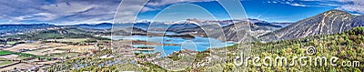 Drone panorama over the Mirador de Janovas gorge and the River Ara in the Spanish Pyrenees Stock Photo