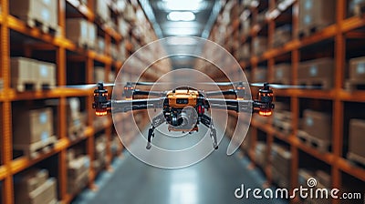 Drone Performing Inventory Checks in a Large Warehouse for Efficient Logistics and Distribution Management Generative AI Stock Photo