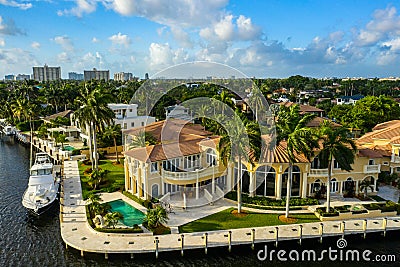 Drone photo Fort Lauderdale FL luxury mansion homes Stock Photo