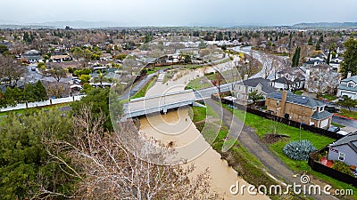 Drone photo over Marsh Creek in Brentwood, California after a atmospheric river storm Editorial Stock Photo