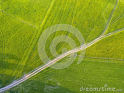 Drone Photo of the Road Between Fields in Colorful Early Spring Stock Photo