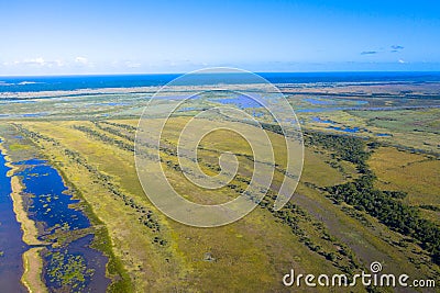 Aerial view of iSimangaliso Wetland Park. Maputaland, an area of KwaZulu-Natal on the east coast of South Africa. Stock Photo