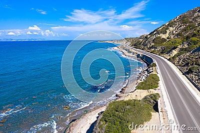 Drone photography. Asphalt road along the coast of the Greek island of Rhodes Stock Photo