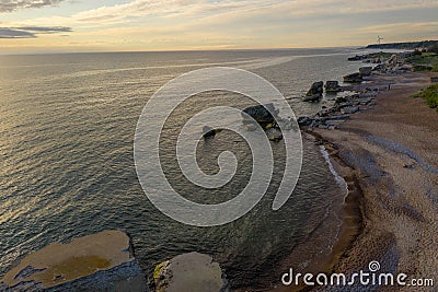 Drone photography of sea, coastline and old abandoned and ruined buildings Stock Photo