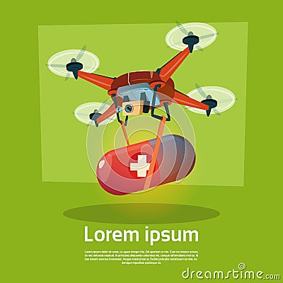 Drone With Pill Medicines Delivery Medical Care Vector Illustration