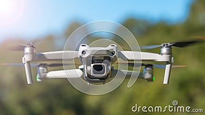 Drone. Professional drone with 5K camera for take a video, photo, film, movie footage. Aerial photography. Stock Photo