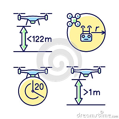 Drone proper control RGB color manual label icons set Vector Illustration