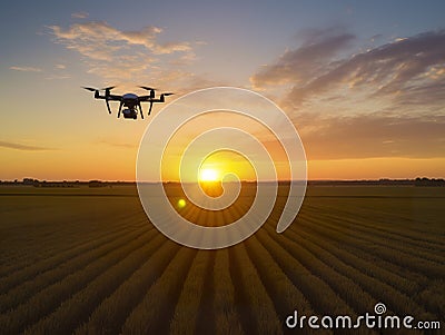 Drone quad copter on green field. Drone flying over the hills with the beautiful sunset Cartoon Illustration