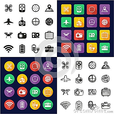 Drone Or Quadcopter All in One Icons Black & White Color Flat Design Freehand Set Vector Illustration