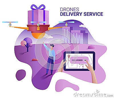 Drone or quadcopter delivery service concept. Vector illustration of landing page template. Drone fly over the city and delivering Vector Illustration