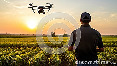 Drone quadcopter flying over the corn field at sunset Stock Photo