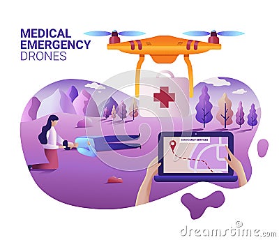 Drone or quadcopter medical emergency service concept. Vector illustration of landing page template. Drone fly over the landscape Vector Illustration