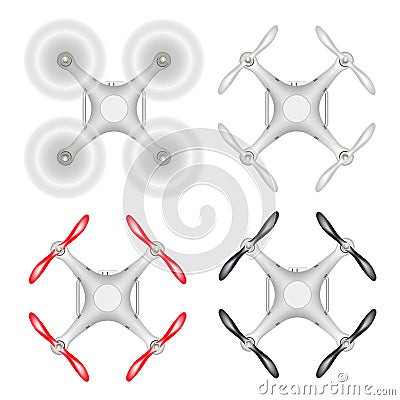 Drone, quadcopter top view. Isolated on a white background. Modern automatic drone. Aero photography. Unmanned aerial vehicle. Vector Illustration