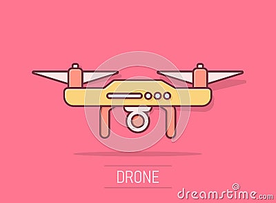 Drone quadrocopter icon in comic style. Quadcopter camera vector cartoon illustration on white isolated background. Helicopter Vector Illustration