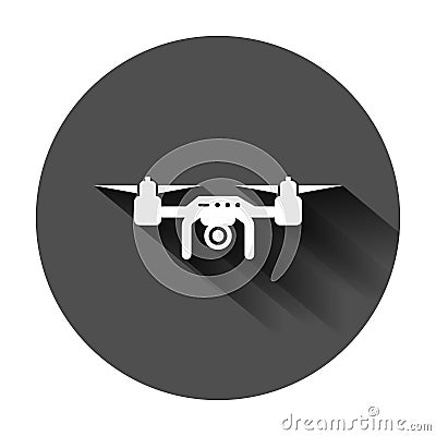 Drone quadrocopter icon in flat style. Quadcopter camera vector illustration on black round background with long shadow. Vector Illustration