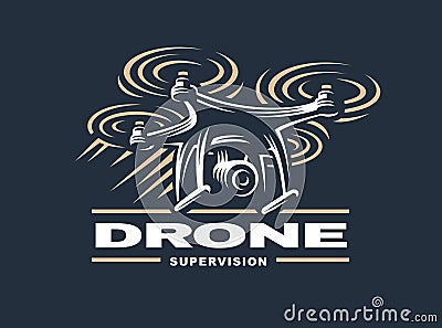 Drone quadrocopter logo design, dark background Vector Illustration