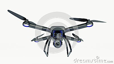 Drone, quadrocopter, with photo camera flying in the blue sky. Stock Photo
