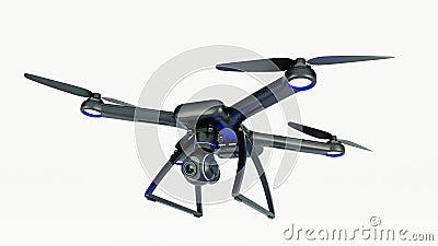 Drone, quadrocopter, with photo camera flying in the blue sky. Stock Photo