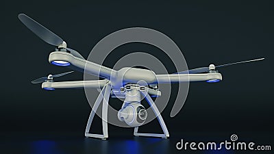 Drone, quadrocopter, with photo camera flying in the blue sky. Stock Photo