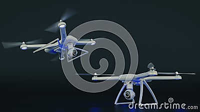 Drone, quadrocopter, with photo camera flying in the blue sky. Stock Photo