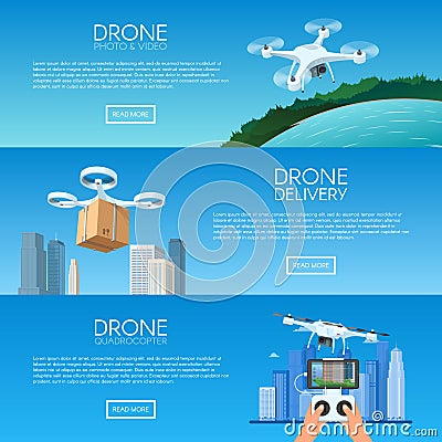 Drone with remote control flying over city. Pizza delivery by quadcopter. Aerial drone with camera taking photography Vector Illustration