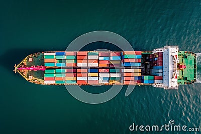 Import-export business, container vessel in open sea, drone view Stock Photo