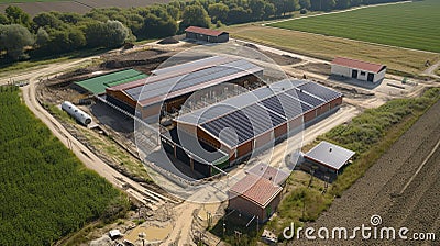 A Drone's Perspective on a New Pigsty Enhancing Animal Welfare with Biogas and Photovoltaic Systems Stock Photo