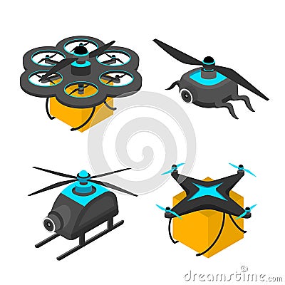Drone set. Flying robotic gadgets with propellers, electronic devices delivery with parsels. panoramic photo or video Cartoon Illustration