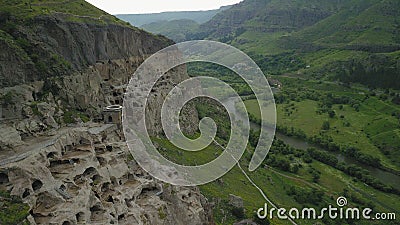 Drone shoots for old mountain caves. Stock Photo