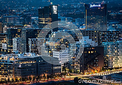 Drone shot of the center of the Norwegian capital city Oslo at night Editorial Stock Photo