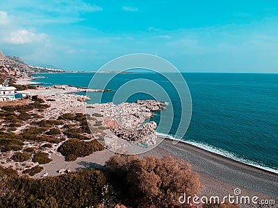 Drone shot in Greece with nice beach and blue sea Stock Photo