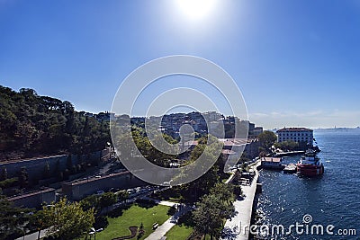 Drone shot Istanbul Uskudar Pasalimani historical buildings with sunshine Stock Photo