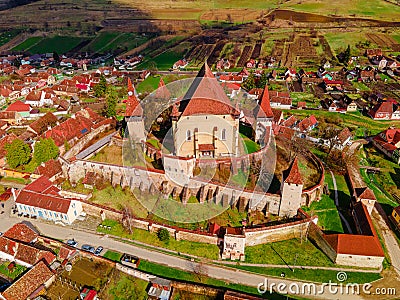 Drone shot of a medieval fortified church Stock Photo