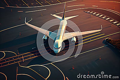 Drone shot of a modern airport runway with a large passenger jetliner Stock Photo