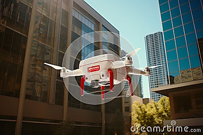 Drone soaring over vibrant cityscape filled with skyscrapers Stock Photo