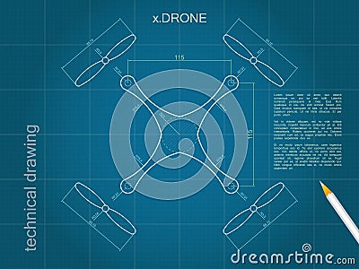 Drone technical design. Blueprint drawing top drone vector Vector Illustration