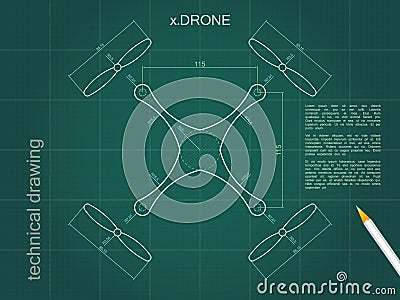 Drone technical design. Green paper drawing top drone vector Vector Illustration