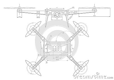 Drone technical drawing.Quadcopter.Technological innovation.Flying robot outline.Vector illustration Vector Illustration