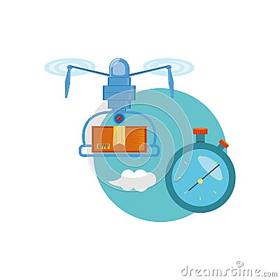 Drone technology with box carton and chronometer Vector Illustration