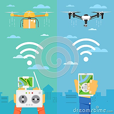 Drone technology concept with flying robots Vector Illustration
