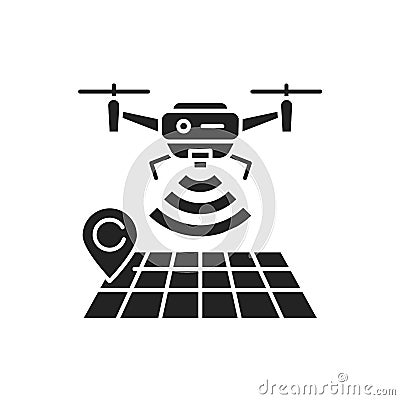 Drone tracking black glyph icon. GPS navigation symbol. Interactive map and quadcopter. Aircraft device concept. Sign for web page Stock Photo