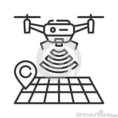 Drone tracking black line icon. GPS navigation symbol. Interactive map and quadcopter. Aircraft device concept. Sign for web page Stock Photo