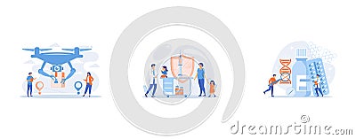 Drone transporting package to location pins with business people waiting for it, Pediatrician giving girl injection, Vector Illustration