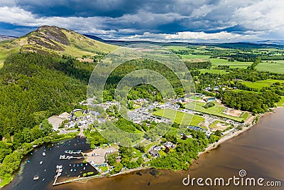 Drone view of Balmaha and Conic Hill on the shores of Loch Lomond (Scottish Highlands Stock Photo