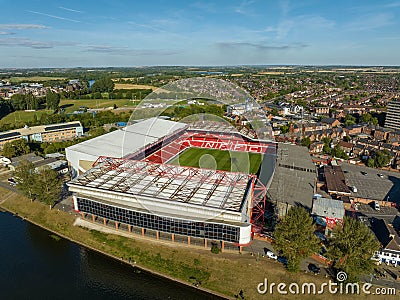 Drone view of the City Ground football stadium in West Bridgford, Nottinghamshire, England Editorial Stock Photo