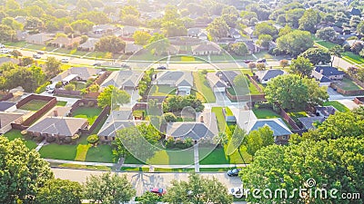 Bird eye view clean and peaceful neighborhood streets with row of single family homes near Dallas, Texas, USA Stock Photo