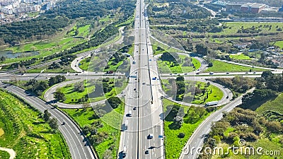 Drone view of cloverleaf interchange. Highway road junction. Portugal, Almada Stock Photo